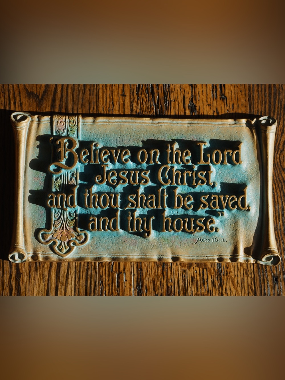 Vintage 1928 Cast Iron Wall Plaque - Turquoise and Gold